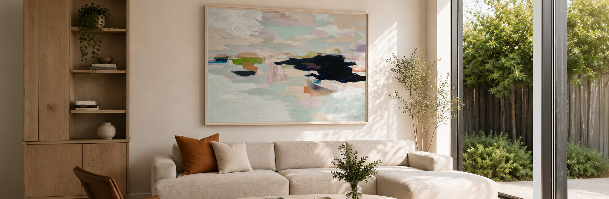 A commissioned abstract canvas holding the long wall of a residential living room
