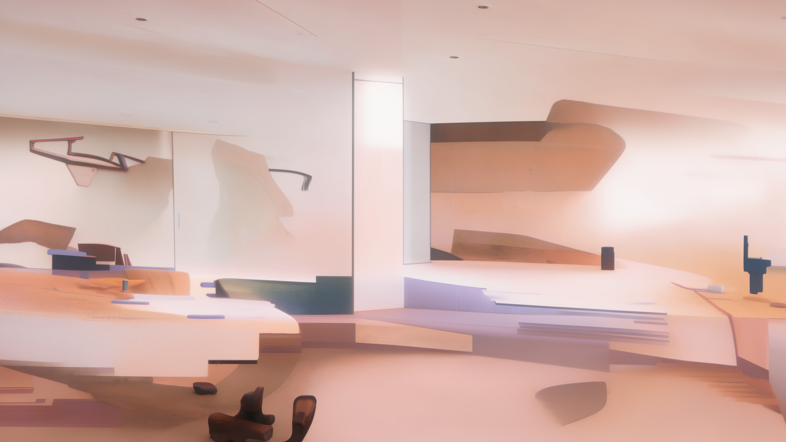 A pale, precise workplace interior, long planes of wall above desks and meeting tables