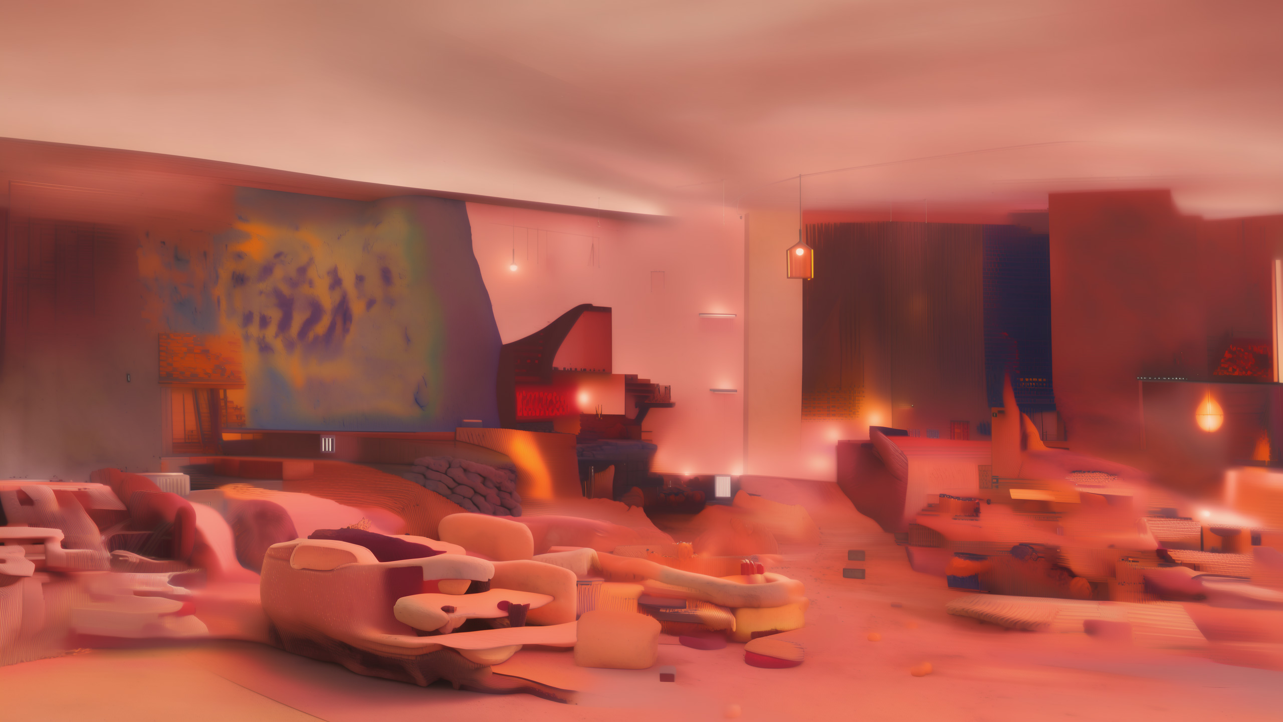 A hotel lounge at night, lit low and warm, its far wall carrying the whole room's colour