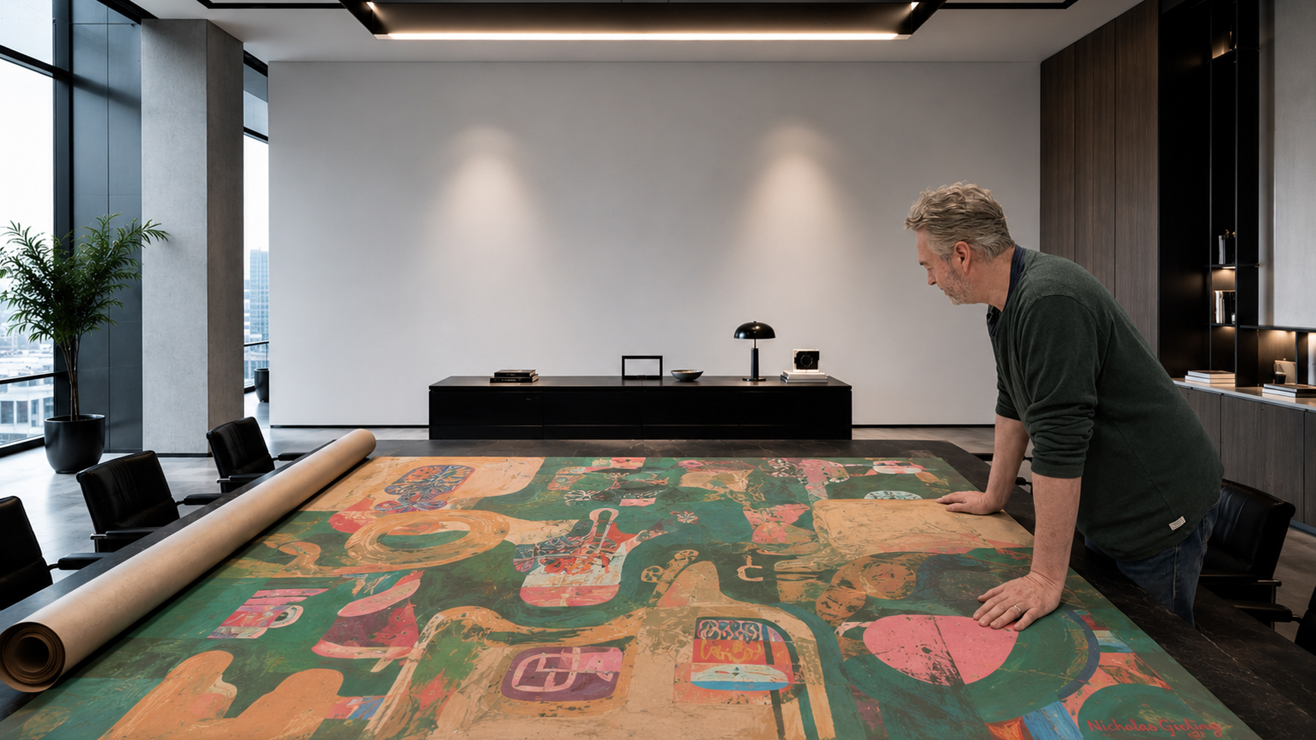 A large commissioned painting unrolled across a boardroom table while its intended wall stands empty behind it