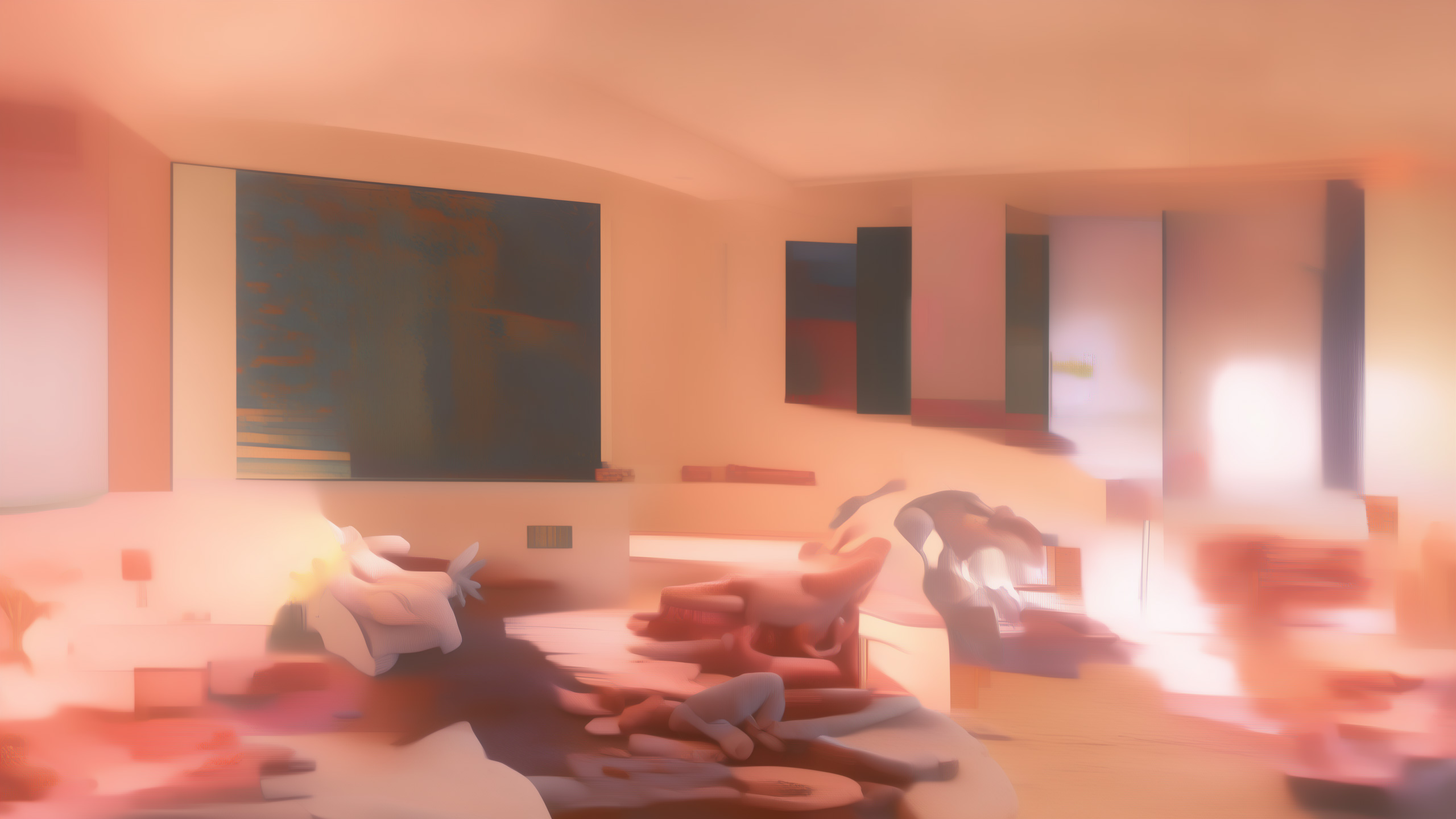 A warm residential living room at dusk, one large wall waiting above the furniture